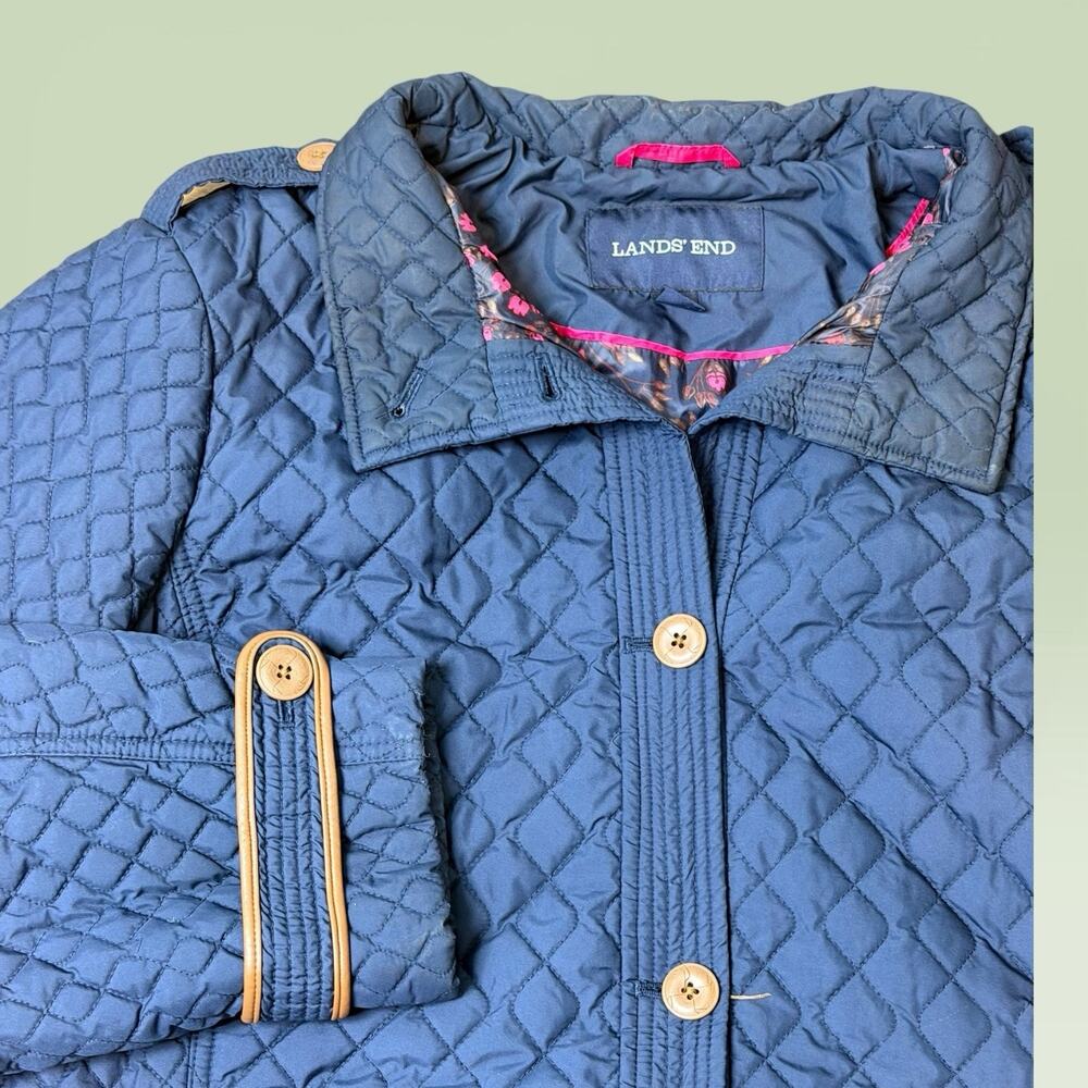 Lands' End Womens 2XL Navy‎ Blue Quilted Jacket Button Front Floral Lining Warm